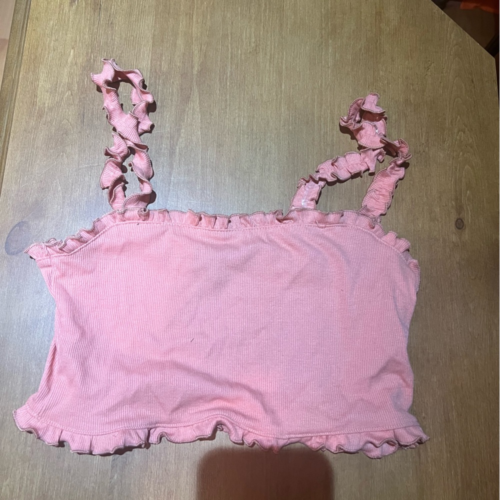 Pink ribbed tank with ruffles straps